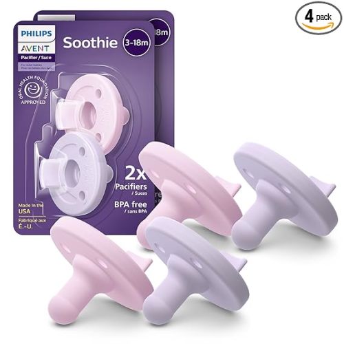 Philips Avent Soothie Baby Pacifiers - 100% Silicone Pacifiers for Babies 3-18 Months, One-piece Design, BPA-Free, Extra Durable, Lilac and Pink, 4 Pack, Model SCF192/70