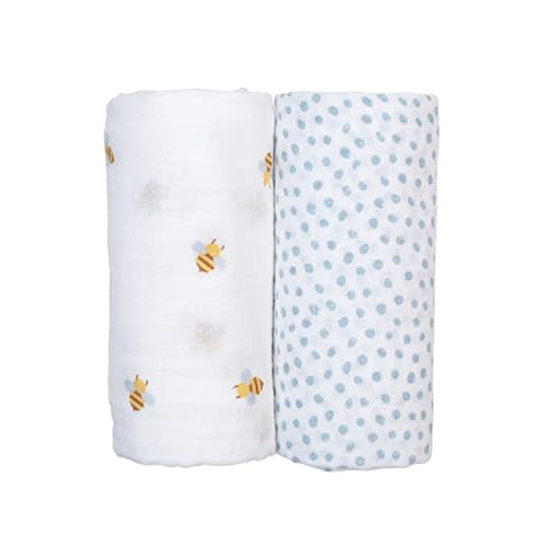 lulujo Baby Swaddle Blankets | Unisex Softest Breathable Cotton Muslin Swaddle Blanket Set | Neutral Receiving Blanket for Girls & Boys | 40in x 40in | Bees & Dots | 2-Count