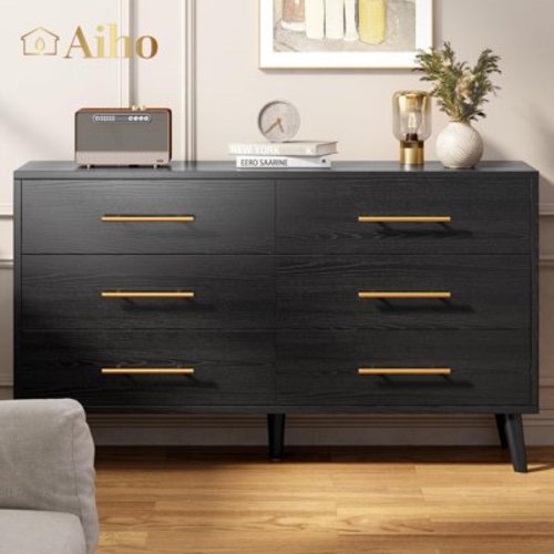 Aiho 6 Drawer Dresser, Wide Chest of Drawers Nightstand Storage Tower Storage Wooden Dresser, Bedroom, Hallway - Black