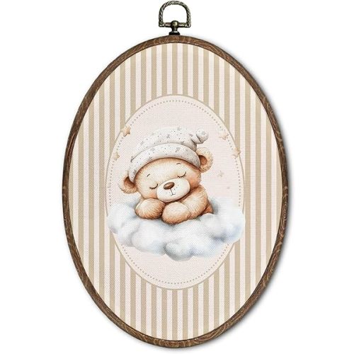 FLAWAFLOMA Vintage Bear Nursery Oval Wall Art Decor, Kids Room Canvas Wall Art Framed, Bear Sleep Hanging Decorations for Kids Toddler Boy Girl Nursery Room Playroom Bedroom Decor, 8.6x11.4 Inch