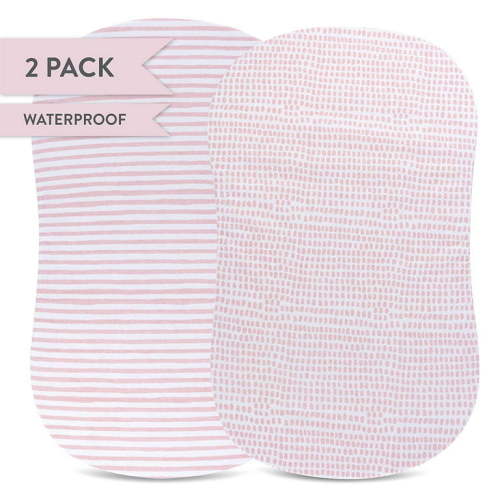 Waterproof Bassinet Sheet,No Need for Bassinet Mattress Pad Cover, 2 Pack Mauve Pink Splash & Stripes,for Baby Girl