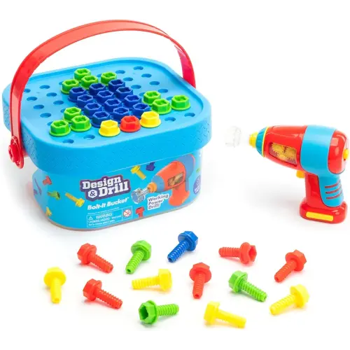 Educational Insights Design & Drill Bolt-It Bucket with Electric Drill Toy, 56 Pieces, STEM Toy, Gifts for Boys & Girls, Ages 3+