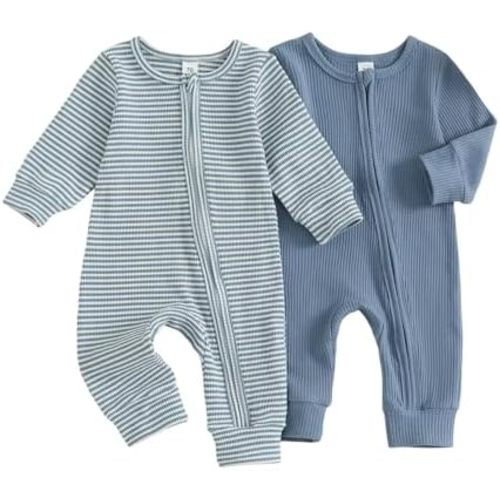 Newborn Baby Boy Outfit Waffle Long Sleeve Jumpsuit Striped Solid Color 2–Pack Zipper Romper