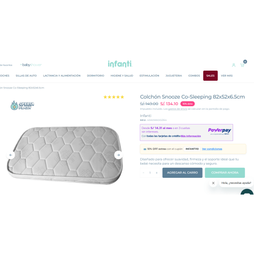 Colchón Snooze Co-Sleeping 82x52x6.5cm