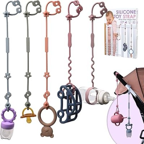 LittlesJoy Toy Straps for Baby, 5pcs Food Grade Silicone Toy Holder for Stroller Accessories, Adjustable BPA Free Baby Bottle Travel Essential Anti-drop Leashes, High Chair, Cribs, Car Seat Leash Pacifier Clip Holder for Toddler(Ether)