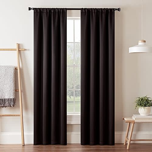 ECLIPSE Blackout Curtains for Bedroom-Darrell 37" x 95" Insulated Darkening Single Panel Rod Pocket Window Treatment Living Room, Black