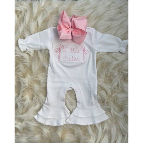 Monogrammed Baby Girl Little Sister White Ruffle Romper | Personalized Baby Coming Home Outfit | Monogrammed Baby Gift