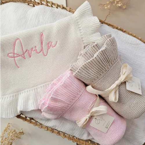 Personalised Ruffle Edge Baby Blanket, Luxury Neutral Knitted, Oyster Cotton, Baby Shower Gift, New Baby Newborn Pram, Birth Announcement