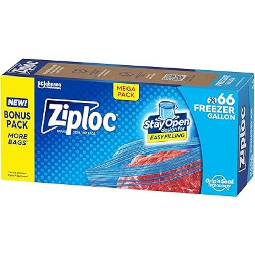 Ziploc Gallon Food Storage Freezer Bags, Stay Open Design with Stand-Up Bottom, Easy to Fill, 66 Bags Total