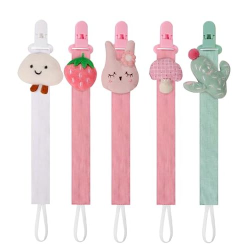 5 Pack Pacifier Clips for Baby Girls and Boys, Multicolor Fabric Straps,5pcs Straps, Approx. 11 in / 29 cm, Resin Clips with Inner Grip Design, Fits Most Pacifiers with Handles