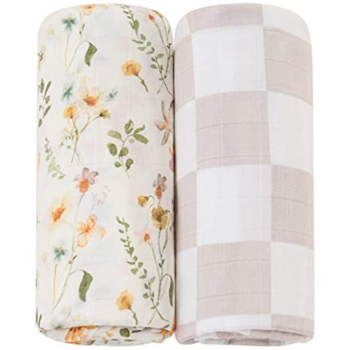 LifeTree Muslin Swaddle Blanket for Baby Girl, 2-Pack Viscose Bamboo Cotton Large Swaddle Blankets (47" x 47"), Floral & Dusty Pink Checkered