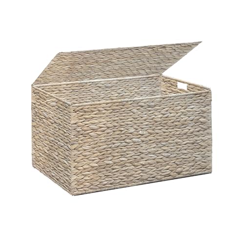 MOORLITER Water Hyacinth Storage Basket with Lid, 17.2 Gallon (65L) Wicker Storage Trunk with Handles, Handwoven Wicker Storage Bin for Blanket, Foldable, for Living Room, Laundry Room, White