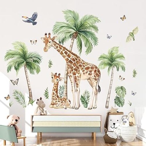 wondever Jungle Safari Animals Wall Stickers Large Palm Tree Giraffe Peel and Stick Wall Art Decals for Baby Nursery Kids Bedroom