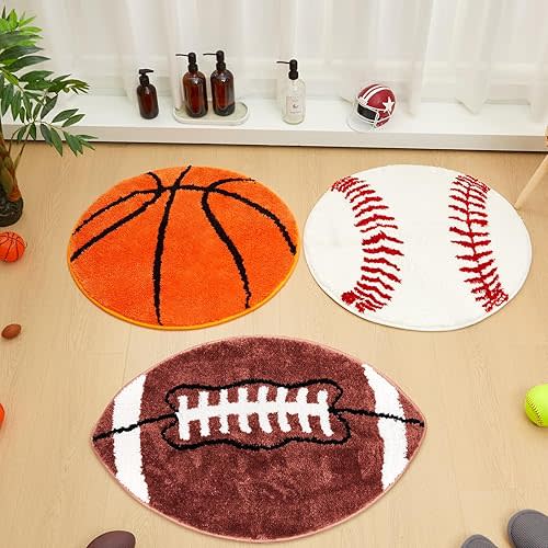 3 Pcs Football Sports Rug Round Basketball Bathroom Non Slip Baseball Bathroom Mat Decorative Football Area Rug Indoor Carpet for Bedroom Living Room Floor Chair Rooms Decor