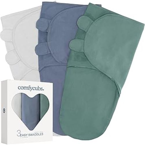 Comfy Cubs Easy Swaddle Blanket, 3 Pack - 100% Cotton Newborn Wrap, Large for 3-6 Months Infants, Breathable and Durable Sleep Sack for Babies - Stone, Nomadic Blue & Azul