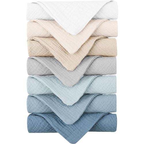 Konssy Baby Muslin Washcloths 7-Pack, 100% Cotton Baby Bath Washcloths, Soft & Absorbent Wash Cloths and Burp Cloths for Newborn Kids Girls & Boys, 11x11 inches