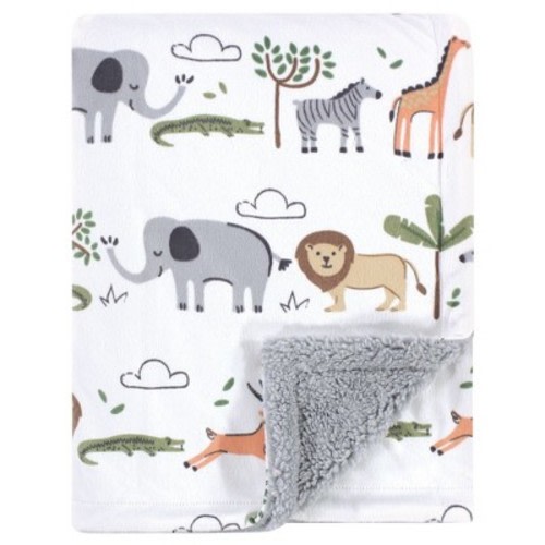Hudson Baby Infant Boy Plush Blanket with Faux Shearling Back, Safari Life, One Size