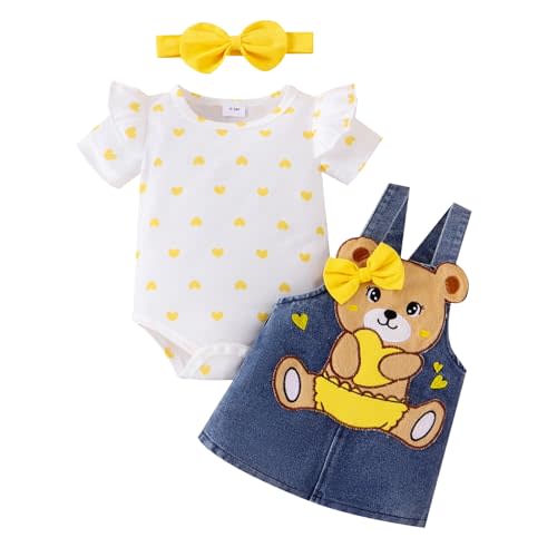 TOKIAGO Baby Girl Clothes Outfits Summer Cute Little Bear Romper + Shorts + Butterfly Tie Hair Band Set 0-18 Months