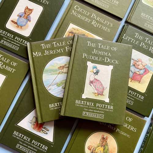 23 Beatrix Potter F Warne & Co Green Books - 1980s Beatrix Potter Bedtime Story - Peter Rabbit - Mrs Tiggy Winkle - Classic Books