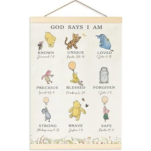 Winnie Biblical Affirmations Wall Art, The Pooh Canvas Wall Art Painting for Room, Wooden Hanging Rod Religious Gifts, Nursery Decoration For Boy or Girl