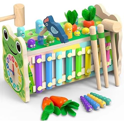 6-IN-1 Wooden Montessori Toys for 1 Year Old, Mole-Tapping Game | Play the Xylophone | Frog Clock | Carrot Harvest Game | Spinning Gear, Toddler Toys Aged 1-3, Baby Toy Gift for Early Learning