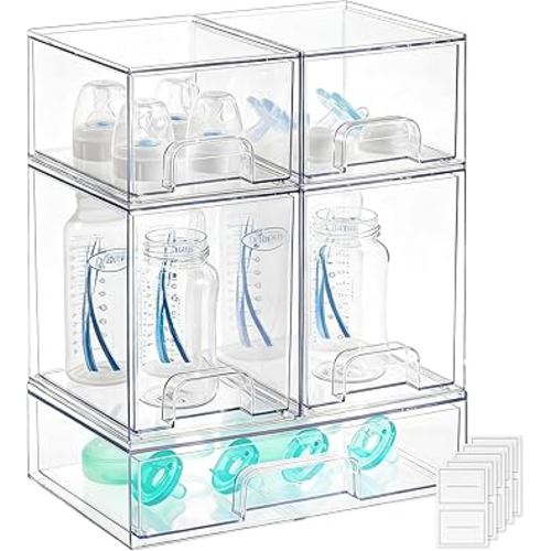 Baby Bottle Organizer - 5 Pack Stackable Clear Drawers with Labels, Baby Storage Solution Container for Countertop, Cabinet, Bathroom, Pantry, Vanity