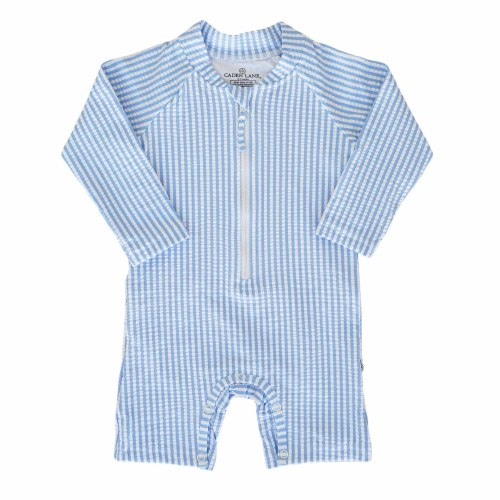 Long Sleeve Rash Guard Swim Romper Shortie | Blue Seersucker