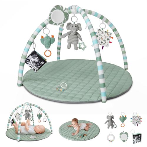 Blissful Diary Baby Play Gym Mat, Tummy Time Mat with 6 Detachable Toys for Stage-Based Sensory & Motor Skill Development, Baby Activity Mat Easy to Install & Clean, Baby Essentials Gift, Sage Green