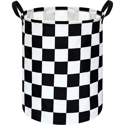 19.7 Inch Round Laundry Hamper Black Check Laundry Basket Fabric Storage Hamper Organization Basket, Storage Bin, Toy Box,Gift Basket with Handles for Room