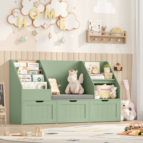 Winston Porter 55.1" W x 31.5"H 3-IN-ONE Kids Bookcase with 3 Drawers, Soft Cushion, 4-Layer Bookshelf, Reading Nook & Reviews | Wayfair