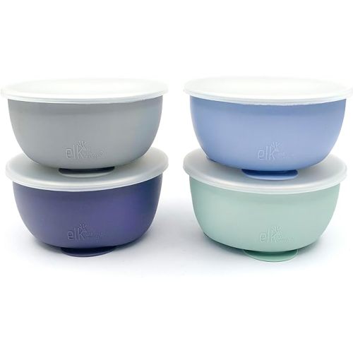 Elk and Friends Stainless Steel Bowls with Silicone Sleeve for Babies & Toddlers | Lids Included | Stay Put Suction | Cereal & Snack Bowls | 3 Pack… - Sage/MistyBlue/Gray Sleeve Suction Base