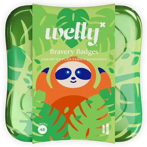Welly Bandages | Adhesive Flexible Fabric Bravery Badges | Assorted Shapes for Minor Cuts, Scrapes, and Wounds | Colorful and Fun First Aid Tin | Pets Patterns - 48 Count