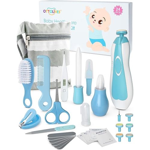 OTTOLIVES Baby Healthcare and Grooming Kit, 24 in 1 Baby Electric Nail Trimmer Set Newborn Nursery Health Care Set for Newborn Infant Toddlers Baby Boys Girls Kids Haircut Tools (0-3 Years+) (Blue)