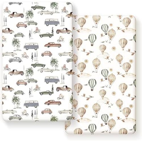 Stretch Ultra Soft Jersey Knit Fitted Crib Sheets Set 2 Pack,Fit All Standard Crib Mattress Pads Safe and Snug, Crib Fitted Sheet for Boys and Girls, Stylish Cars Print Kids Sheets for Boys