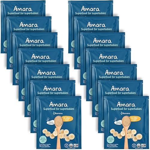 Amara Organic Baby Food - Stage 1 - Banana - Baby Cereal to Mix With Breastmilk, Water or Baby Formula - Shelf Stable Baby Food Pouches Made from Organic Fruit - 14 Pouches, 3.5oz Per Serving