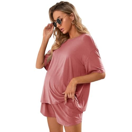Verdusa Women's Maternity Pajama Set 2 Piece Drop Shoulder Top and Short Lounge Sets