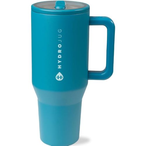 HydroJug Traveler - 40 oz Water Bottle with Handle & Flip Straw - Fits in Cup Holder, Leak Resistant Tumbler-Reusable Insulated Stainless Steel & Rubber Base - Gifts for Women & Men, Glacier