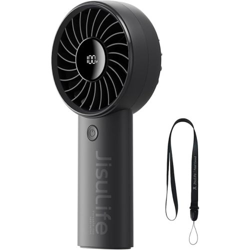 JISULIFE Handheld Portable Fan, Stronger and Longer-Lasting: 5 Speed, 5000mAh Battery, 12-Blade Turbo For Powerful Wider Wind, LED Display, Rechargeable Personal Fan for Travel Concerts Makeup-Black