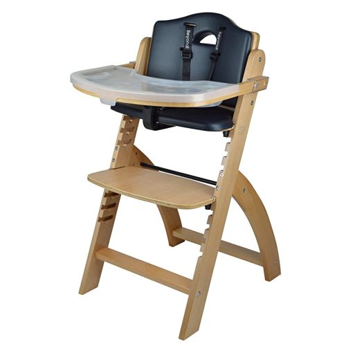 Abiie Beyond Junior Wooden High Chair for Babies and Toddlers - Convertible 3-in-1 Baby Highchair with Removable Tray - 6 Months to 250 Lb - Water Resistant - Natural Wood/Black Pearl Cushion