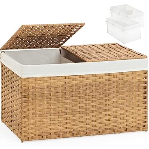 Storage Basket with Lid Rattan Storage Basket with 2 Separate Lid, 27.8 Gallon (105 L) 25.2 * 15.4 * 16.1 Inches Woven Wicker Baskets with 2 Liners and Handles for Bedroom Laundry-Natural