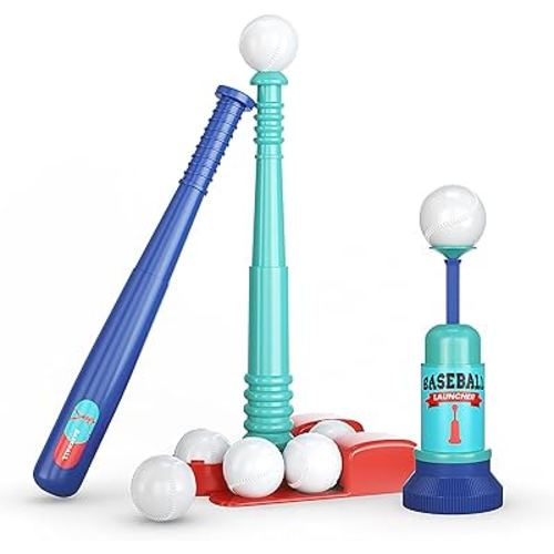 T ball Stand for Kids and Toddlers 1-3, 3-5, 5-8. Baseball Set Includes 6 Large Balls, an Adjustable Tball Batting Tee, and a Pitching Machine. Kids Bat and Ball, T-ball sets for kids [Tee Ball]