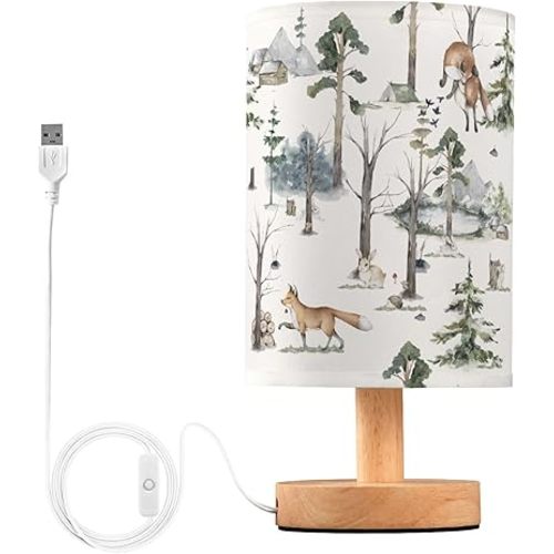 Table Lamp Watercolor Woodland Animal Pattern Fox Rabbit Hedgehog Bird Nightstand Lamp with Wood Base Fabric Lamp Shade Bedside Desk Lamp for Living Room Bedroom Kids Room Office