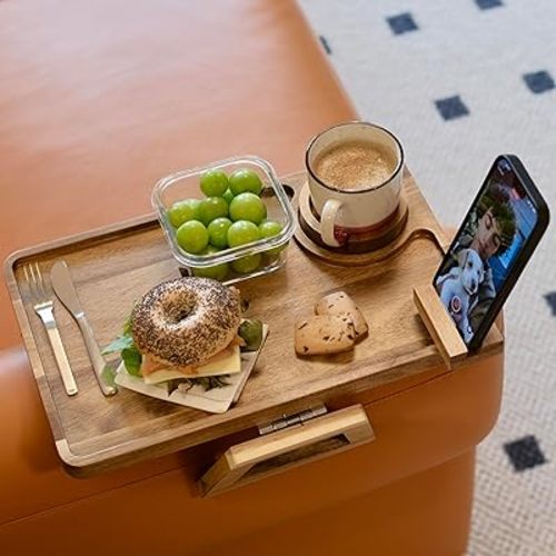 Premium Acacia Wood Sofa Arm Tray Table for Couch | Clip on Food Tray for Wide Armrest | Anti-Slip Wooden Armchair Folding Table for Drinks and Snacks, Remote Controls, Phone, TV Dinners (Deluxe)