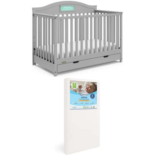 Graco Story Customizable 5-in-1 Convertible Crib with Drawer and Premium Crib & Toddler Mattress Bundle, Pebble Gray