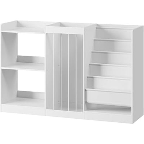 Kids Bookshelf and Stuffed Animal Storage, 5-Tier Sling Bookcase with Toy Organizer, Toddler Book Shelf for Kids Room, Nursery, Bedroom, Classroom, Playroom, White KBWT8101
