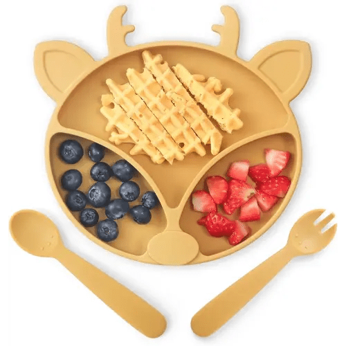 [Upgraded] ROCCED Suction Plates for Baby, Silicone Plates with Suction for Baby Divided, Baby Spoon Fork Set for Toddler Baby Dishes Kids Plates and Utensils-Deer Mustard
