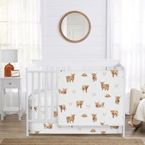 Sweet Jojo Designs 3-Piece Baby Crib Bedding Set (Boho Highland Cow) for Girls/Boys, Infants/Nursery incl. Blanket, Fitted Sheet and Skirt (Farm Animal, Bohemian, Watercolor, Rustic Farmhouse, Modern)