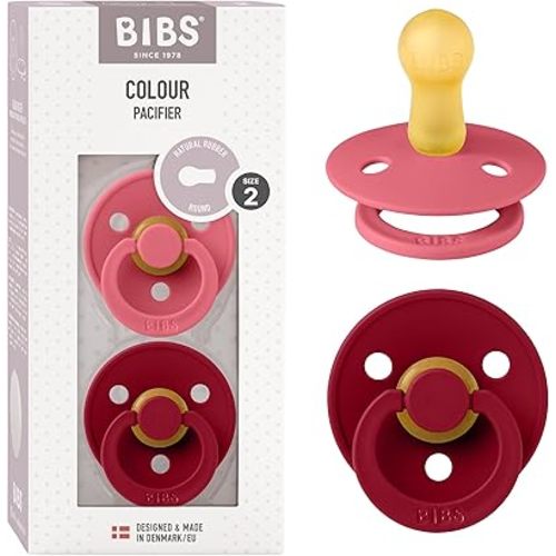 BIBS Pacifiers Colour Collection | Natural Rubber Baby Pacifier | Set of 2 BPA-Free Soothers | Made in Denmark | 6+ Months (Pack of 2) | Coral/Ruby