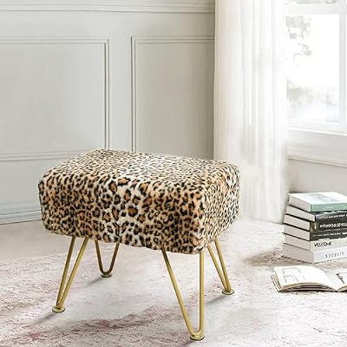 Leopard-Print Rectangle Faux Fur Ottoman Soft Fuzzy Entryway Bench Seat 19"x13"x17" Sturdy Accent Coffee Table for Living Room Makeup Vanity Stool with Golden Legs for Bedroom Closet Foot Rest