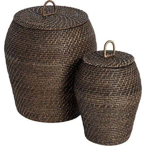 Bloomingville Rattan Wicker Storage Basket with Lid, Washed Black Finish, Set of 2